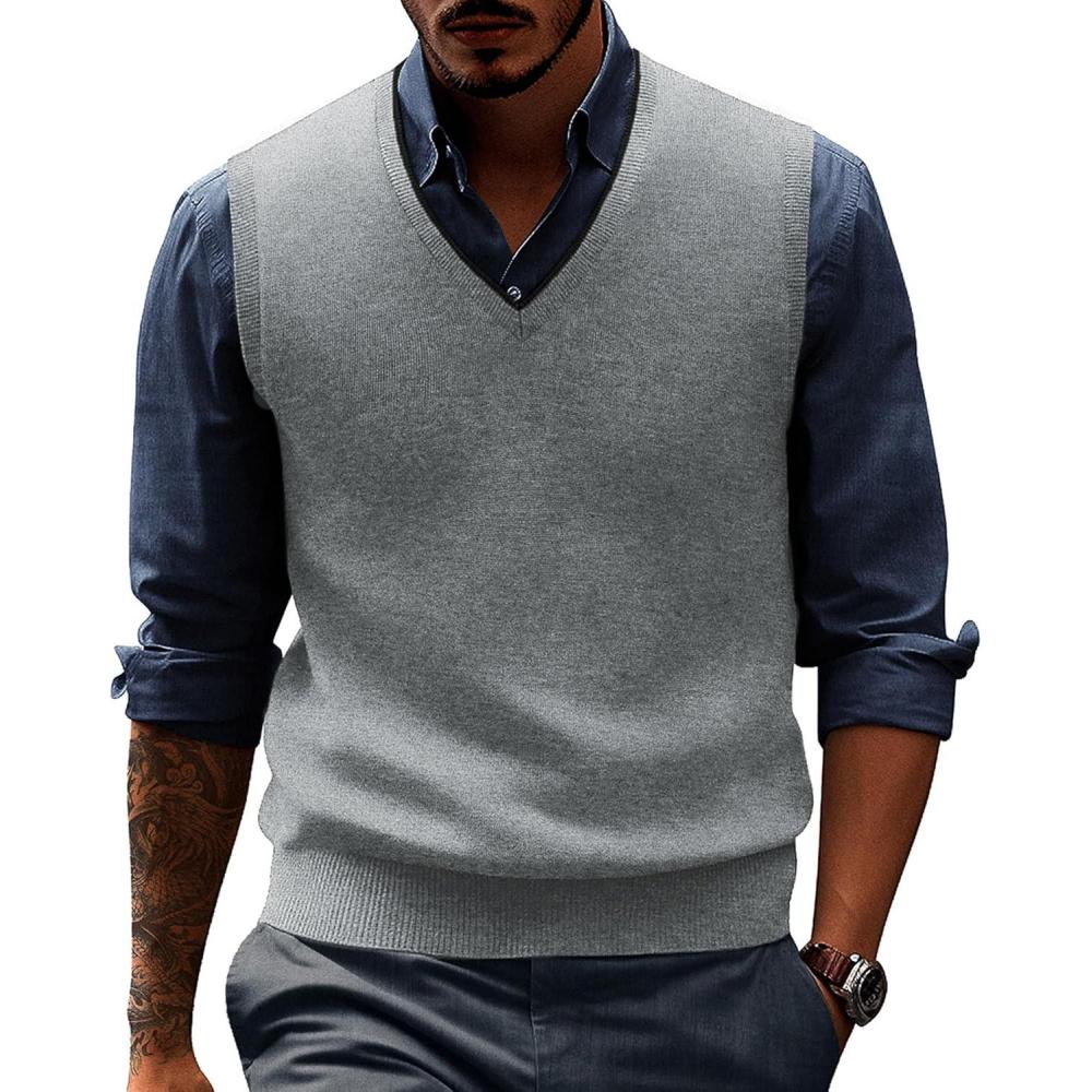 imagePJ PAUL JONES Mens Sweater Vest Wool Blended Knitted Vest Sweaters VNeck Sleeveless Pullover VestsLight Gray