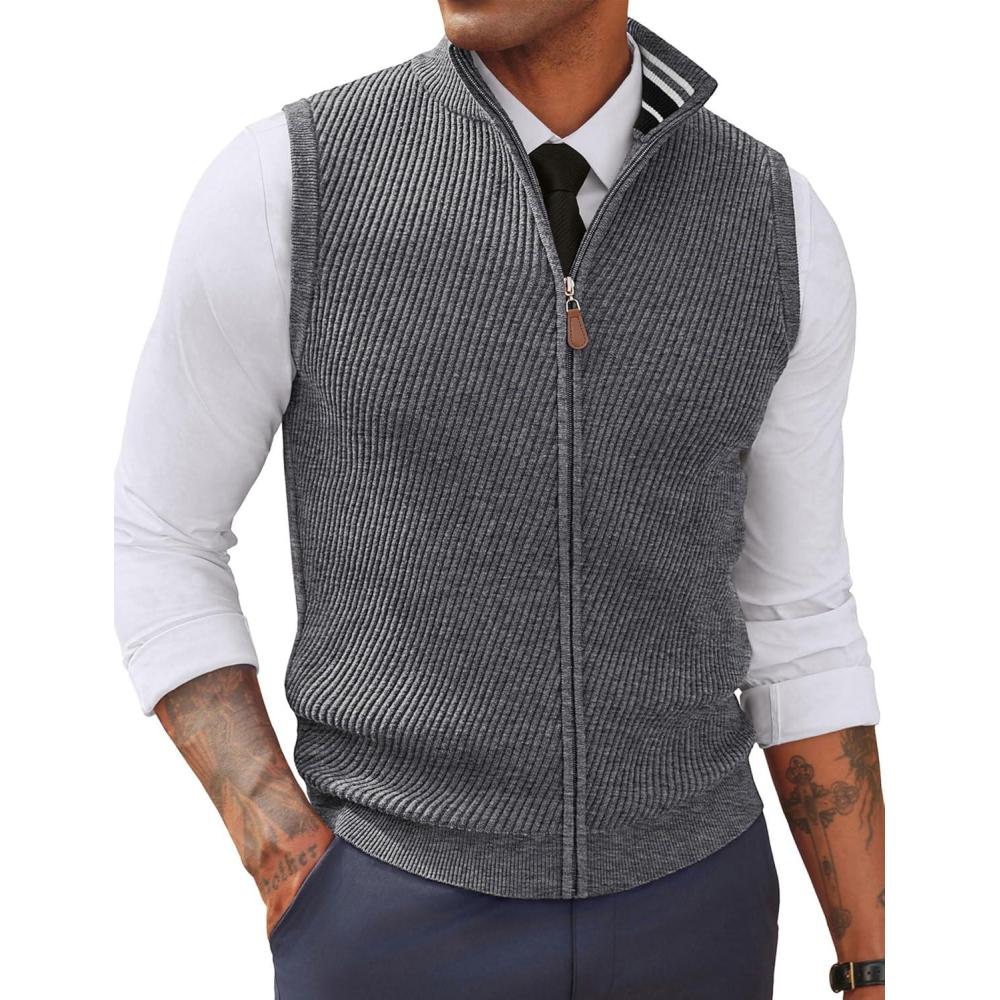 imagePJ PAUL JONES Mens Sweater Vests Slim Fit Twill Textured Full Zip Sleeveless Vests Casual OutwearLight Grey