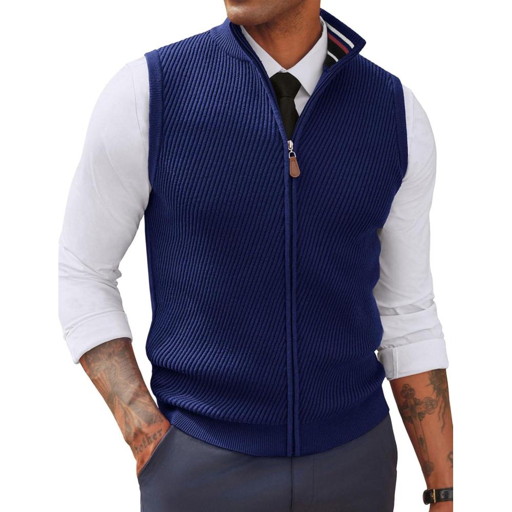 imagePJ PAUL JONES Mens Sweater Vests Slim Fit Twill Textured Full Zip Sleeveless Vests Casual OutwearRoyal Blue