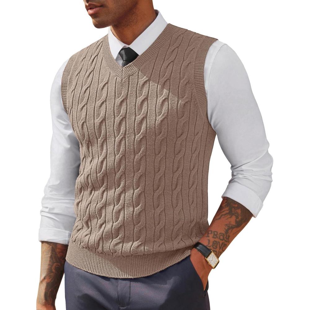 imagePJ PAUL JONES Mens Sweater Vests V Neck Cable Twist Knit Sleeveless Vests Casual Pullover SweaterApricot