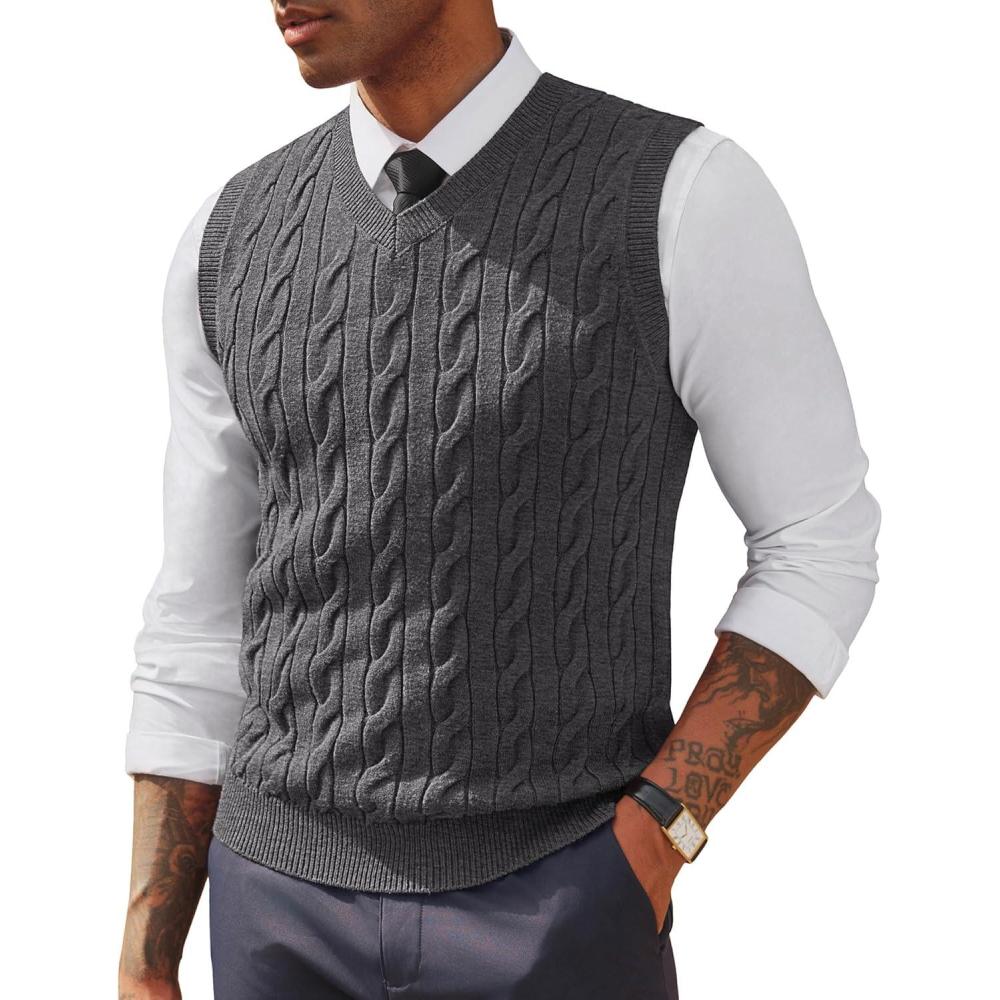 imagePJ PAUL JONES Mens Sweater Vests V Neck Cable Twist Knit Sleeveless Vests Casual Pullover SweaterDark Grey