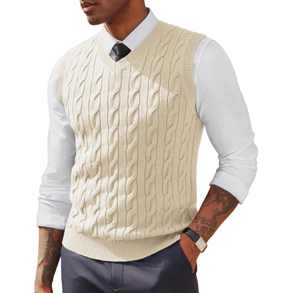 imagePJ PAUL JONES Mens Sweater Vests V Neck Cable Twist Knit Sleeveless Vests Casual Pullover SweaterWhite