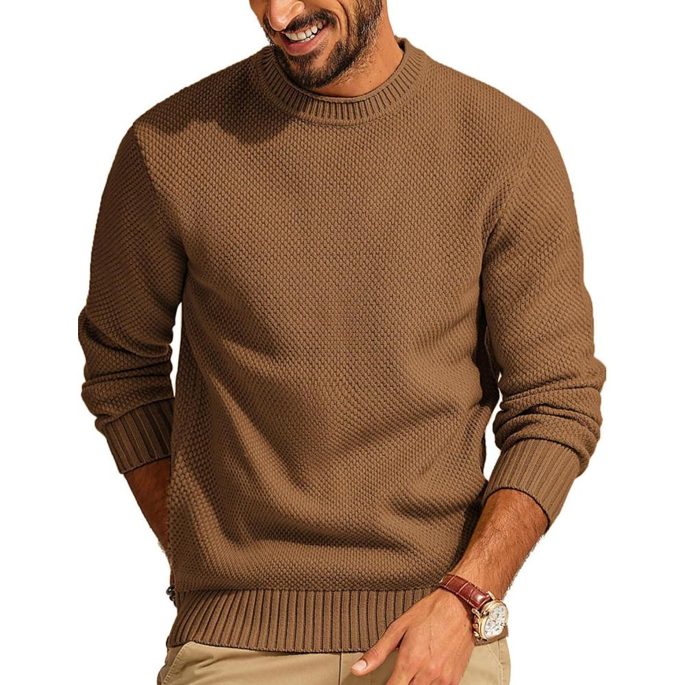 imagePJ PAUL JONES Mens Sweater Waffle Knit Crewneck Sweater Textured Long Sleeve PulloverBrown