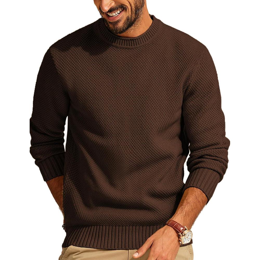 imagePJ PAUL JONES Mens Sweater Waffle Knit Crewneck Sweater Textured Long Sleeve PulloverCoffee