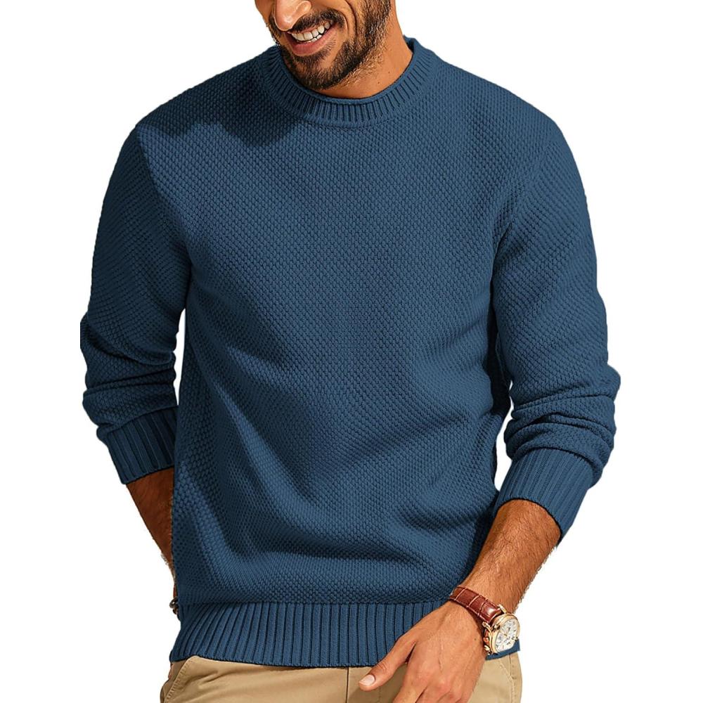 imagePJ PAUL JONES Mens Sweater Waffle Knit Crewneck Sweater Textured Long Sleeve PulloverDark Blue