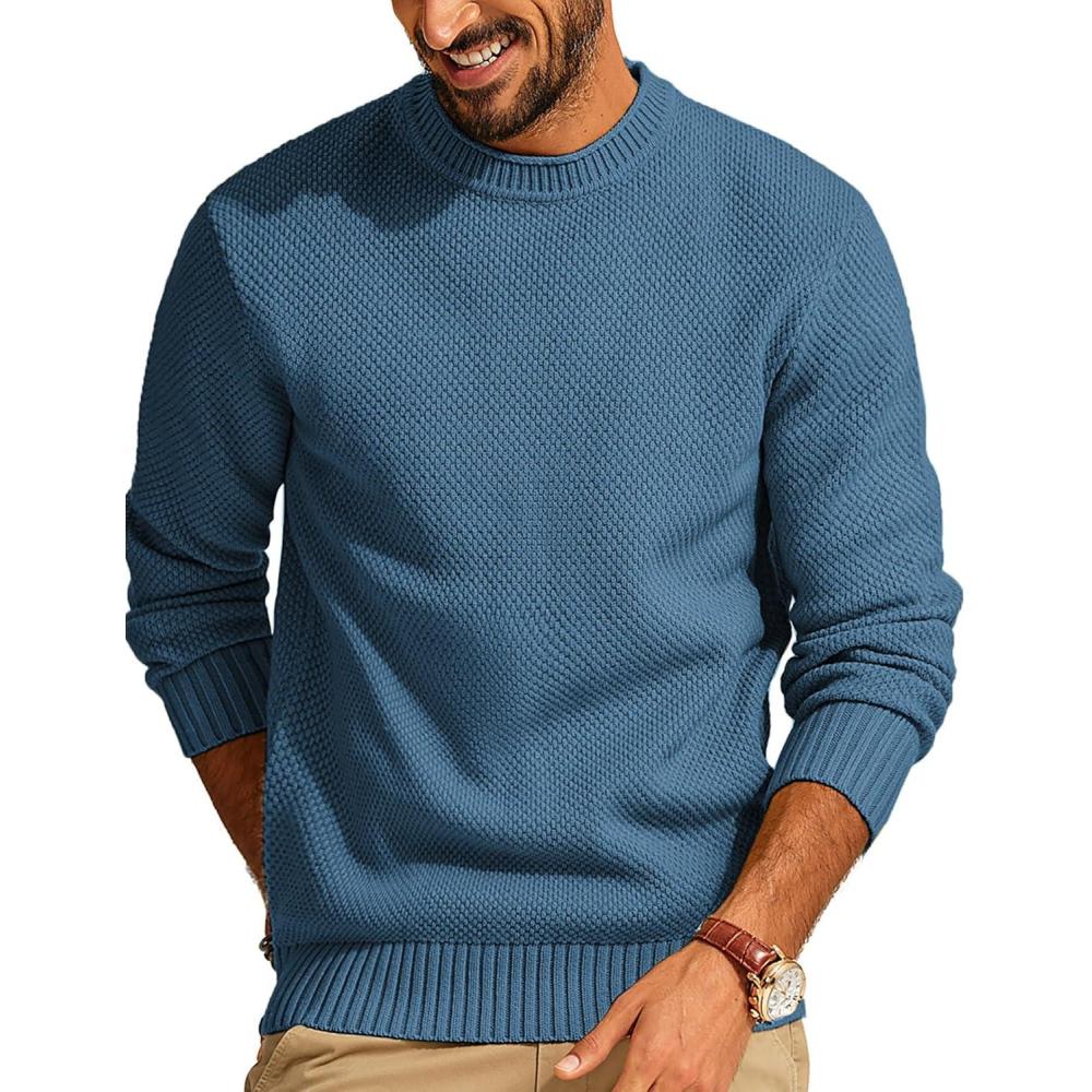 imagePJ PAUL JONES Mens Sweater Waffle Knit Crewneck Sweater Textured Long Sleeve PulloverDenim Blue