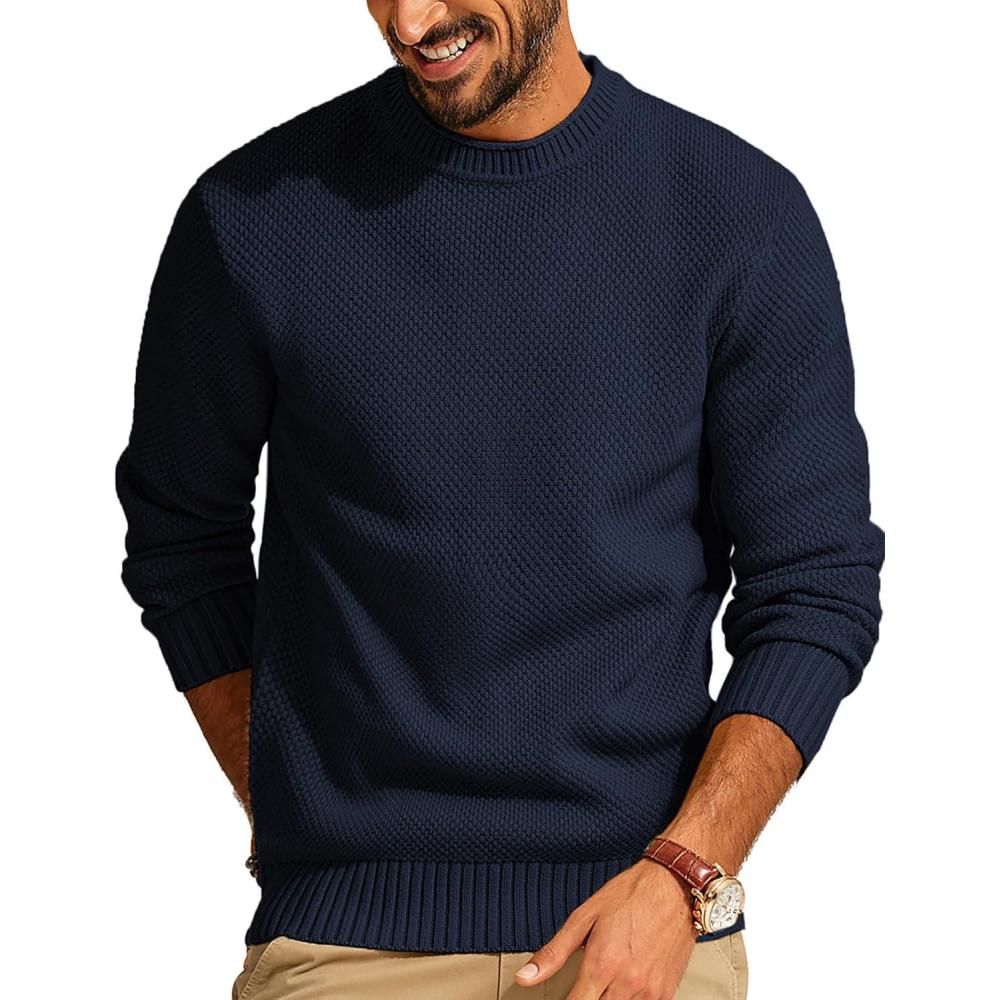 imagePJ PAUL JONES Mens Sweater Waffle Knit Crewneck Sweater Textured Long Sleeve PulloverNavy