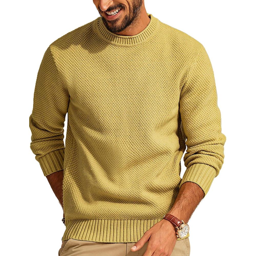 imagePJ PAUL JONES Mens Sweater Waffle Knit Crewneck Sweater Textured Long Sleeve PulloverYellow