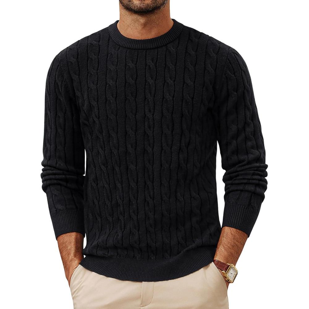 imagePJ PAUL JONES Mens Sweaters Casual Cable Knit Pullover Sweater Crewneck Twist SweatersBlack
