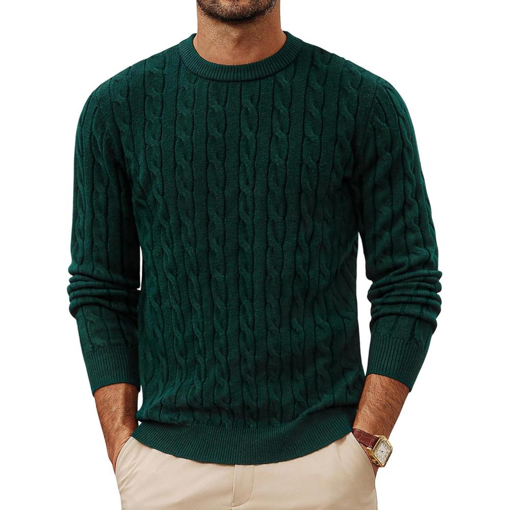 imagePJ PAUL JONES Mens Sweaters Casual Cable Knit Pullover Sweater Crewneck Twist SweatersDark Green