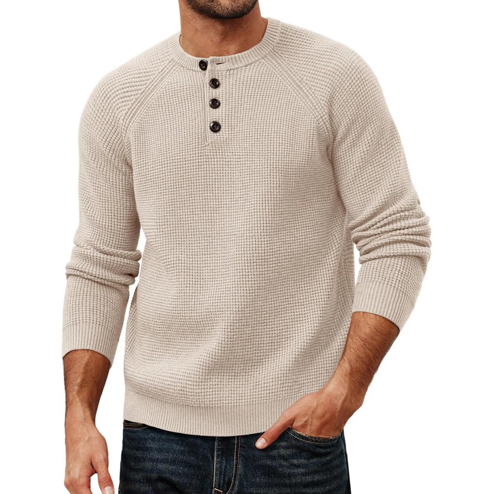 imagePJ PAUL JONES Mens Sweaters Casual Waffle Pullover Sweater Button Crewneck Textured Knit Henley SweatersBeige
