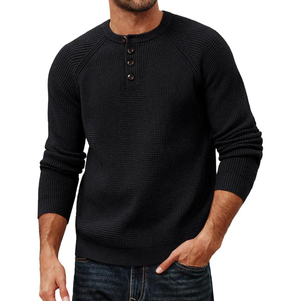 imagePJ PAUL JONES Mens Sweaters Casual Waffle Pullover Sweater Button Crewneck Textured Knit Henley SweatersBlack