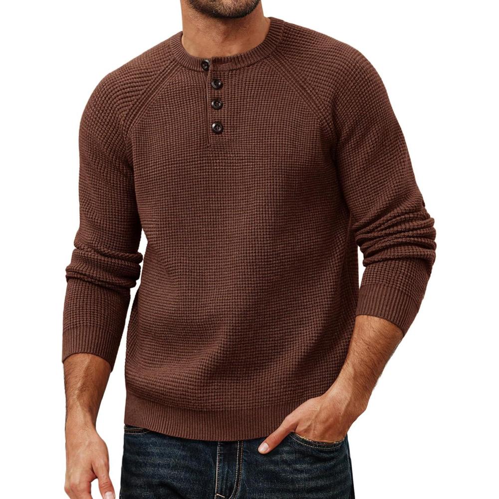 imagePJ PAUL JONES Mens Sweaters Casual Waffle Pullover Sweater Button Crewneck Textured Knit Henley SweatersCoffee