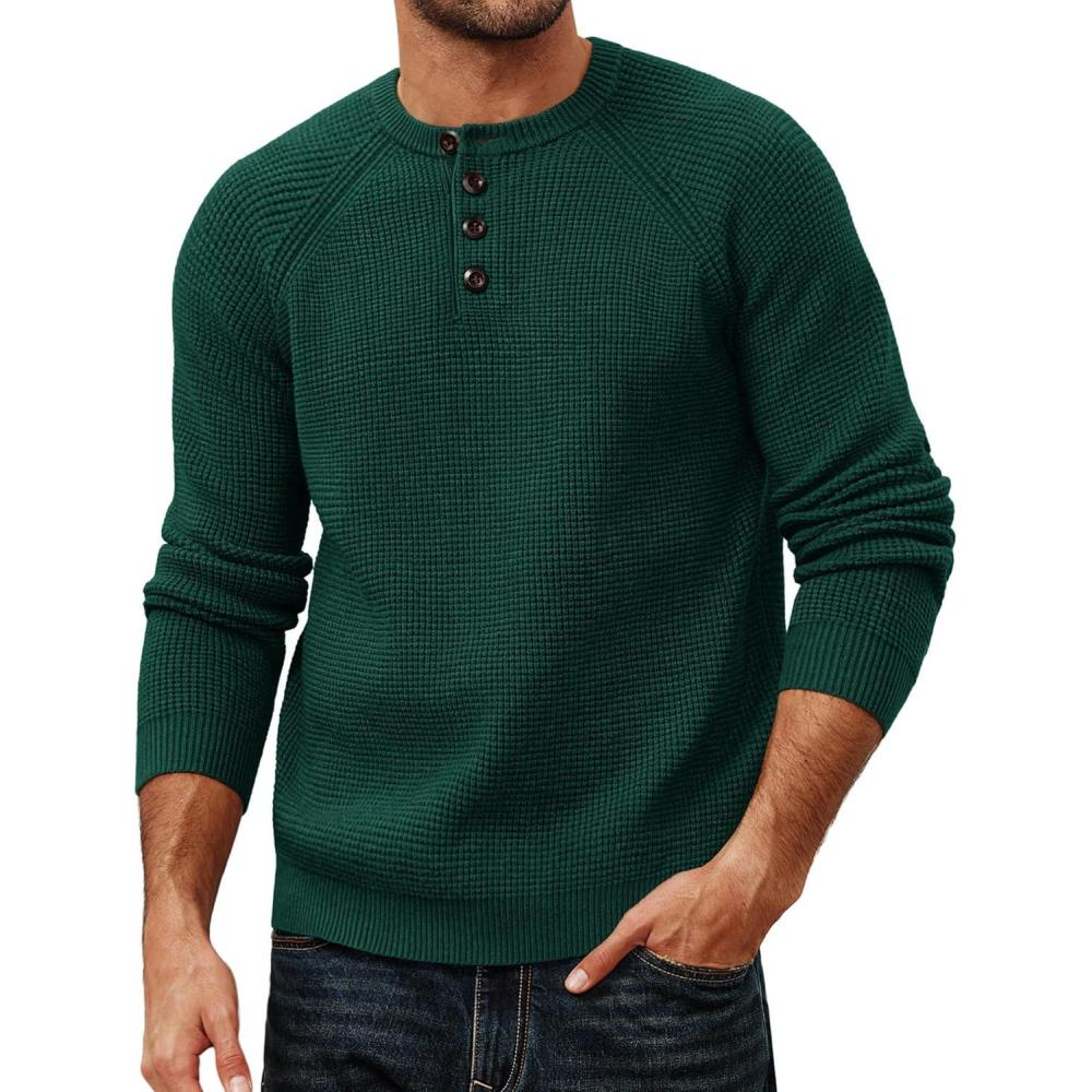 imagePJ PAUL JONES Mens Sweaters Casual Waffle Pullover Sweater Button Crewneck Textured Knit Henley SweatersDark Green