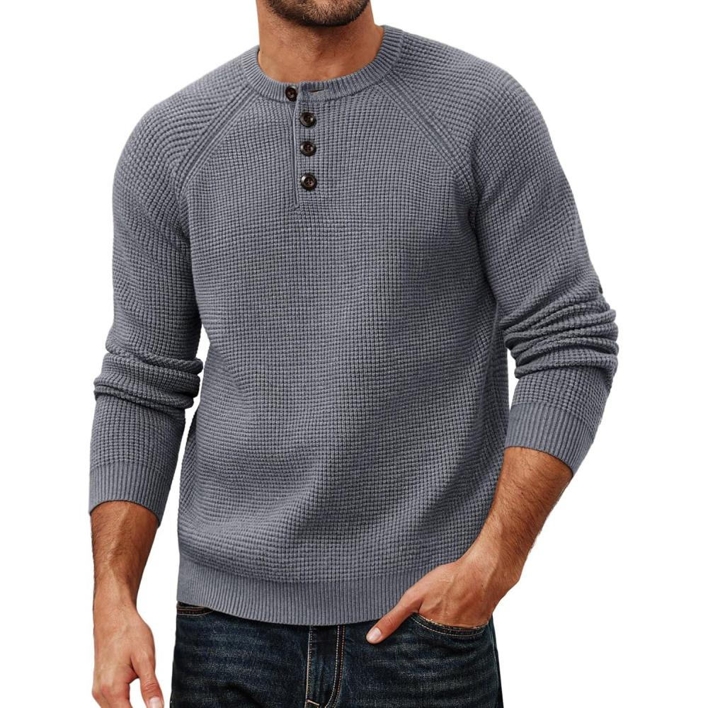 imagePJ PAUL JONES Mens Sweaters Casual Waffle Pullover Sweater Button Crewneck Textured Knit Henley SweatersDark Grey