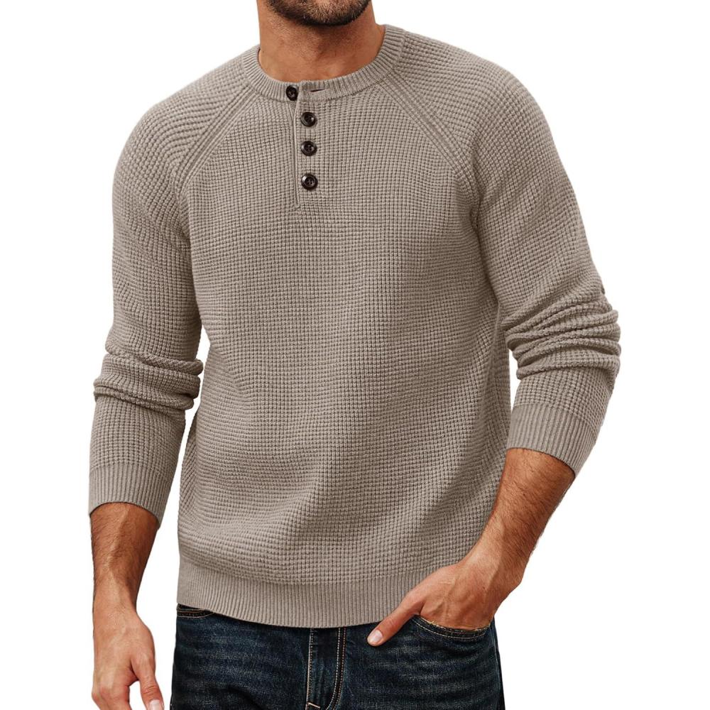 imagePJ PAUL JONES Mens Sweaters Casual Waffle Pullover Sweater Button Crewneck Textured Knit Henley SweatersKhaki