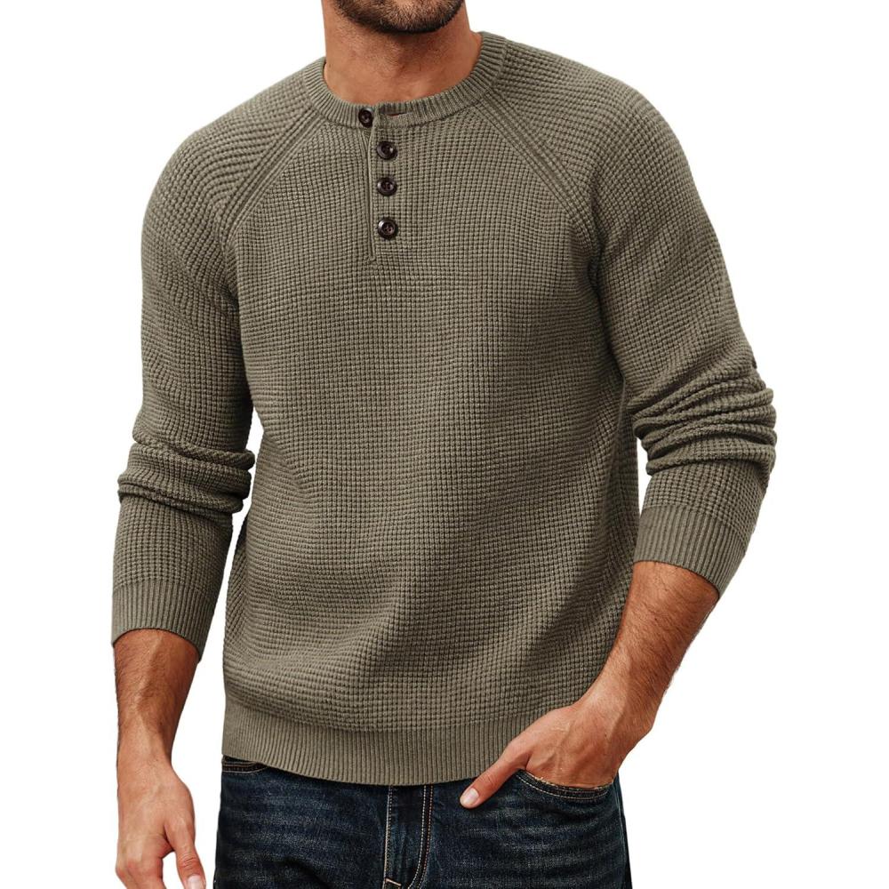 imagePJ PAUL JONES Mens Sweaters Casual Waffle Pullover Sweater Button Crewneck Textured Knit Henley SweatersKhaki Green