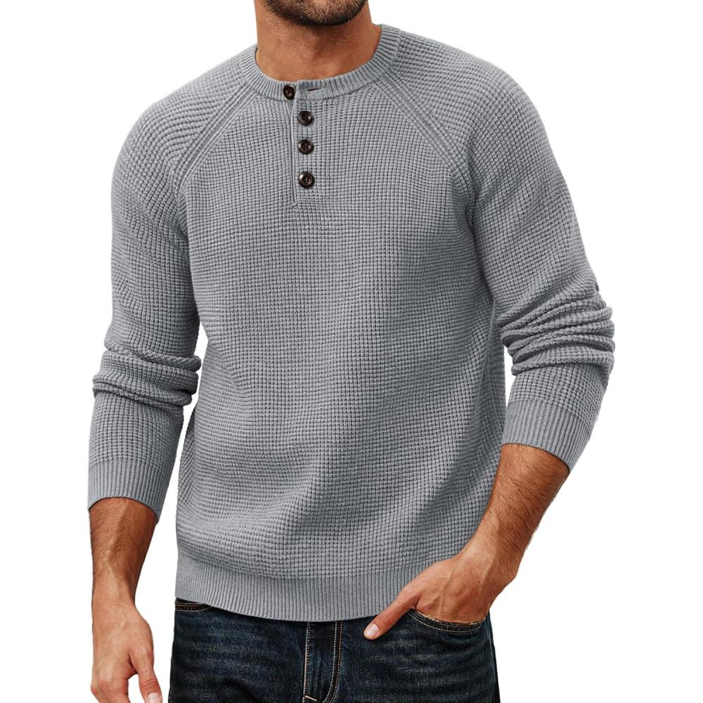 imagePJ PAUL JONES Mens Sweaters Casual Waffle Pullover Sweater Button Crewneck Textured Knit Henley SweatersLight Grey