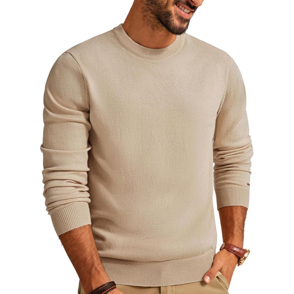 imagePJ PAUL JONES Mens Sweaters Crewneck Basic Lightweight Wool Blend Knitted Pullover Long Sleeve Shirts for MenBeige