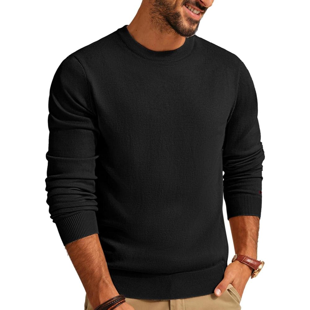 imagePJ PAUL JONES Mens Sweaters Crewneck Basic Lightweight Wool Blend Knitted Pullover Long Sleeve Shirts for MenBlack