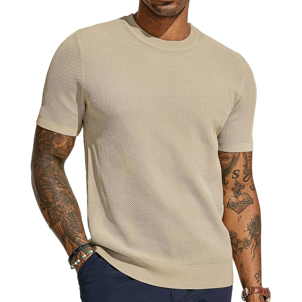 imagePJ PAUL JONES Mens TShirts Crew Neck Waffle Knit Shirt Short Sleeve Tee Shirts Fashion Casual Pullover TopsApricot