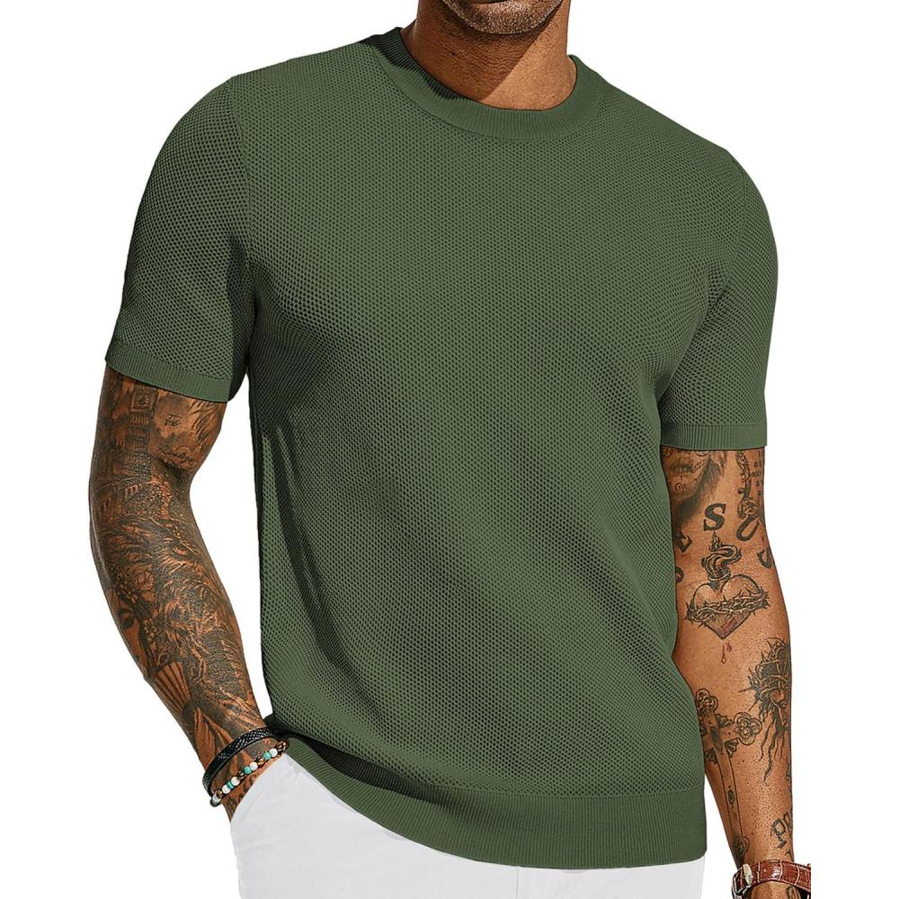 imagePJ PAUL JONES Mens TShirts Crew Neck Waffle Knit Shirt Short Sleeve Tee Shirts Fashion Casual Pullover TopsArmygreen