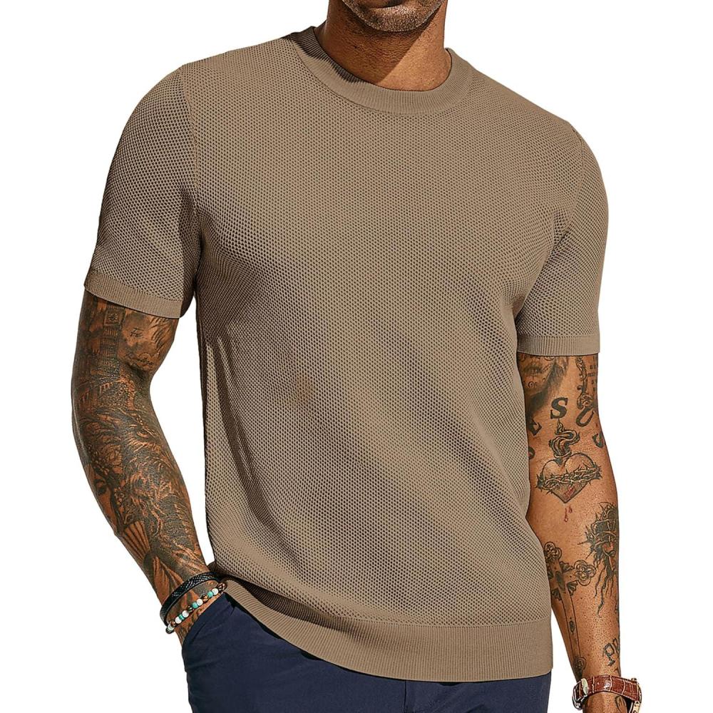 imagePJ PAUL JONES Mens TShirts Crew Neck Waffle Knit Shirt Short Sleeve Tee Shirts Fashion Casual Pullover TopsCamel