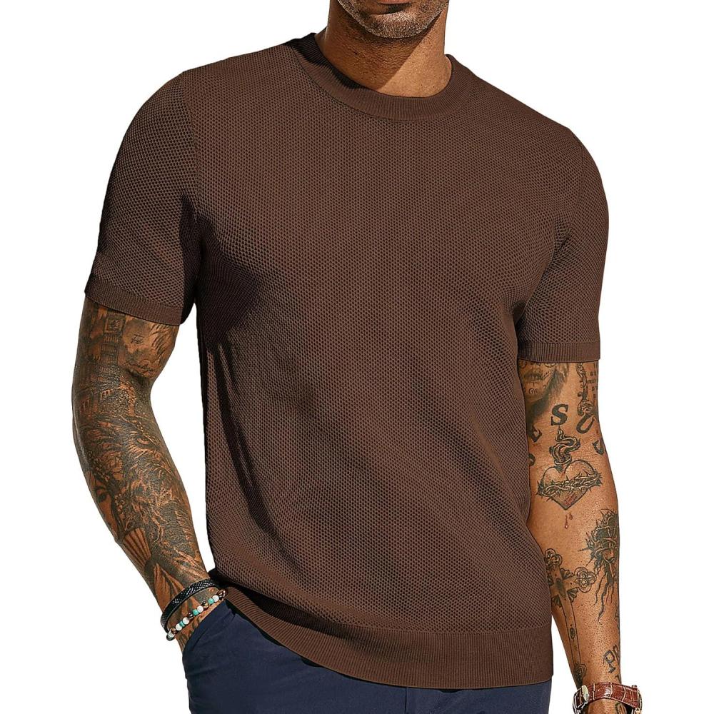 imagePJ PAUL JONES Mens TShirts Crew Neck Waffle Knit Shirt Short Sleeve Tee Shirts Fashion Casual Pullover TopsCoffee