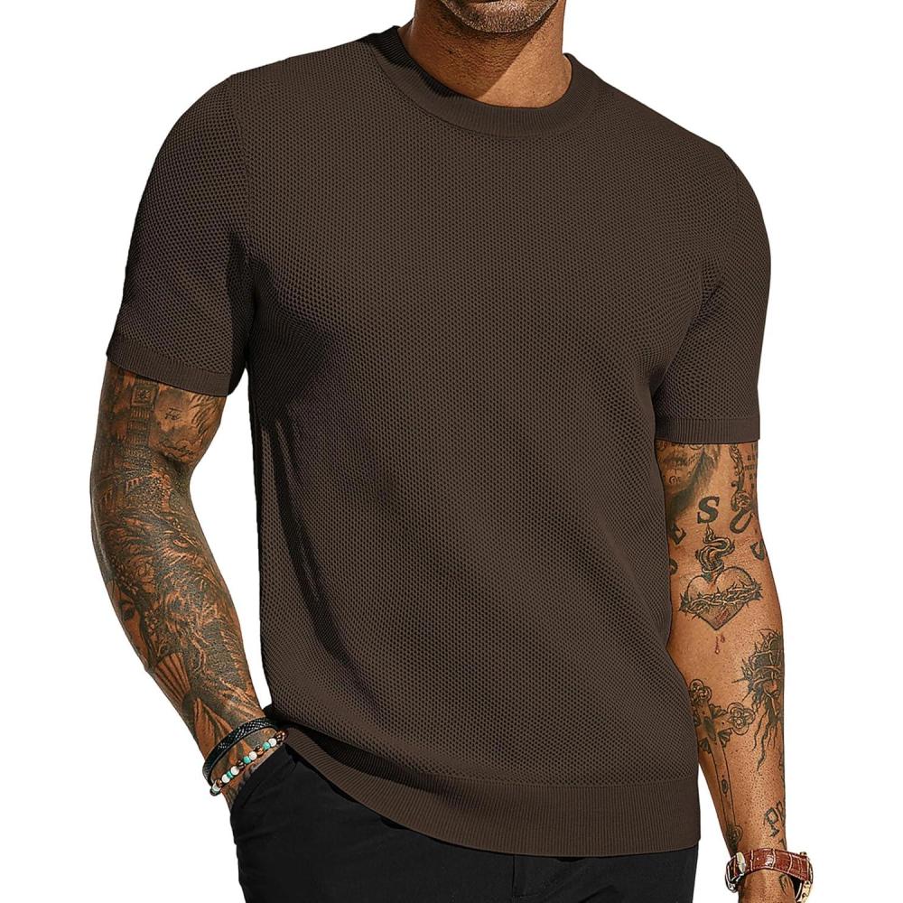 imagePJ PAUL JONES Mens TShirts Crew Neck Waffle Knit Shirt Short Sleeve Tee Shirts Fashion Casual Pullover TopsDark Coffee