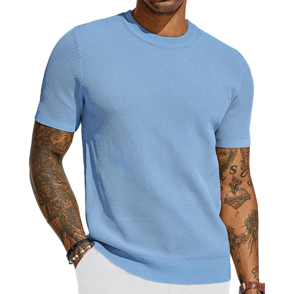 imagePJ PAUL JONES Mens TShirts Crew Neck Waffle Knit Shirt Short Sleeve Tee Shirts Fashion Casual Pullover TopsLight Blue