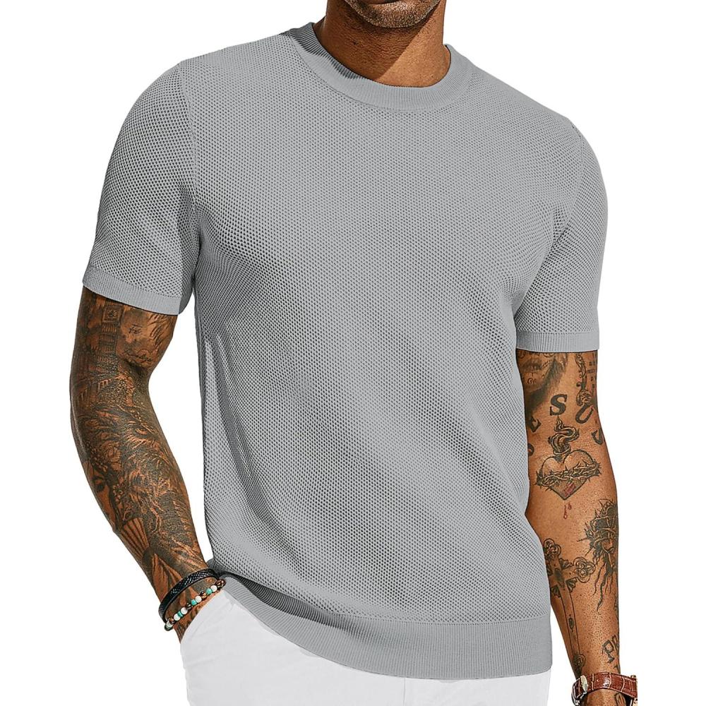 imagePJ PAUL JONES Mens TShirts Crew Neck Waffle Knit Shirt Short Sleeve Tee Shirts Fashion Casual Pullover TopsSilver Gray