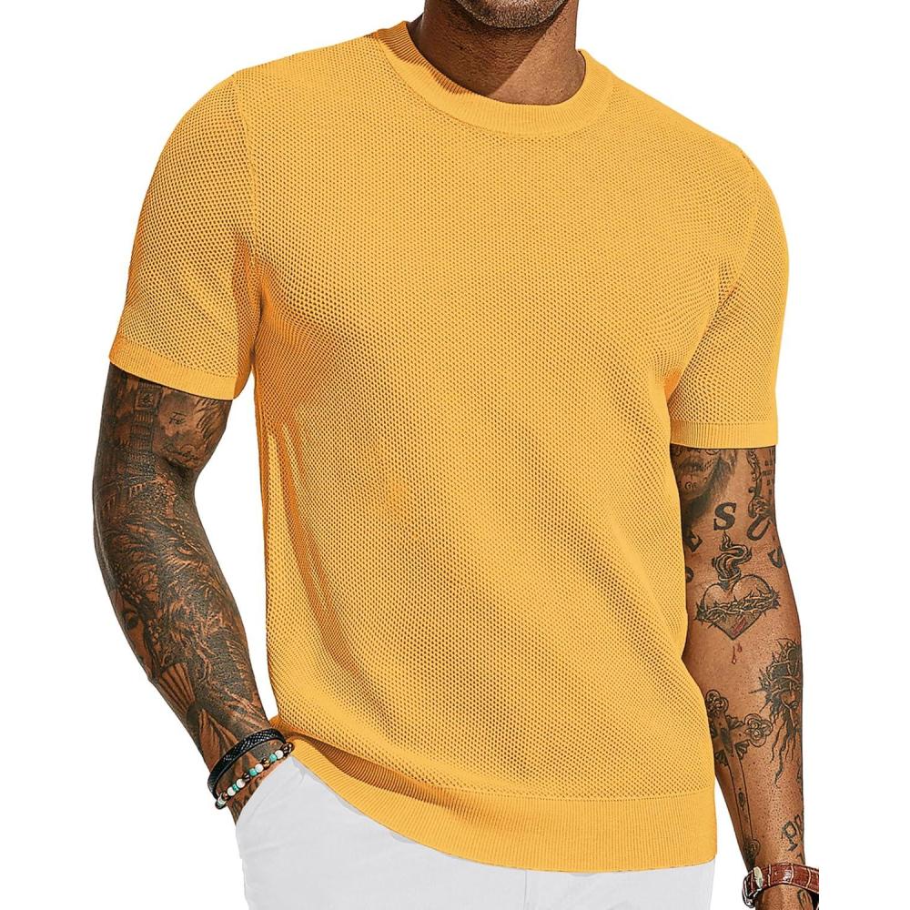 imagePJ PAUL JONES Mens TShirts Crew Neck Waffle Knit Shirt Short Sleeve Tee Shirts Fashion Casual Pullover TopsYellow