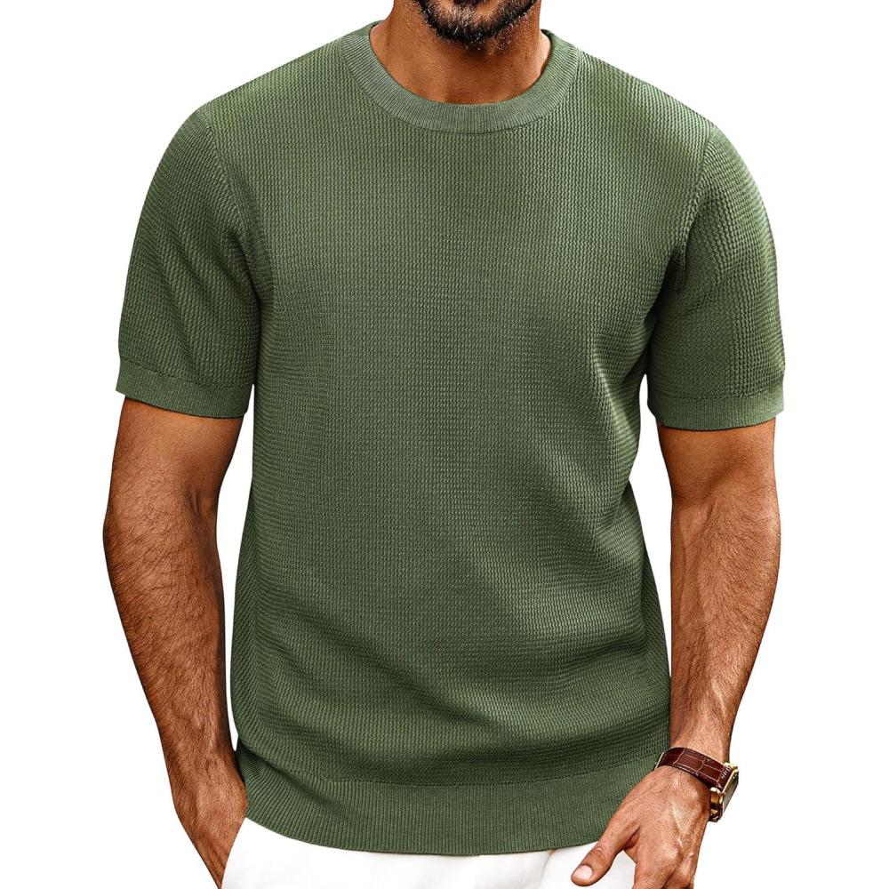 imagePJ PAUL JONES Mens TShirts Knit Short Sleeve Crewneck Shirt Casual Textured Pullover TeesArmy Green