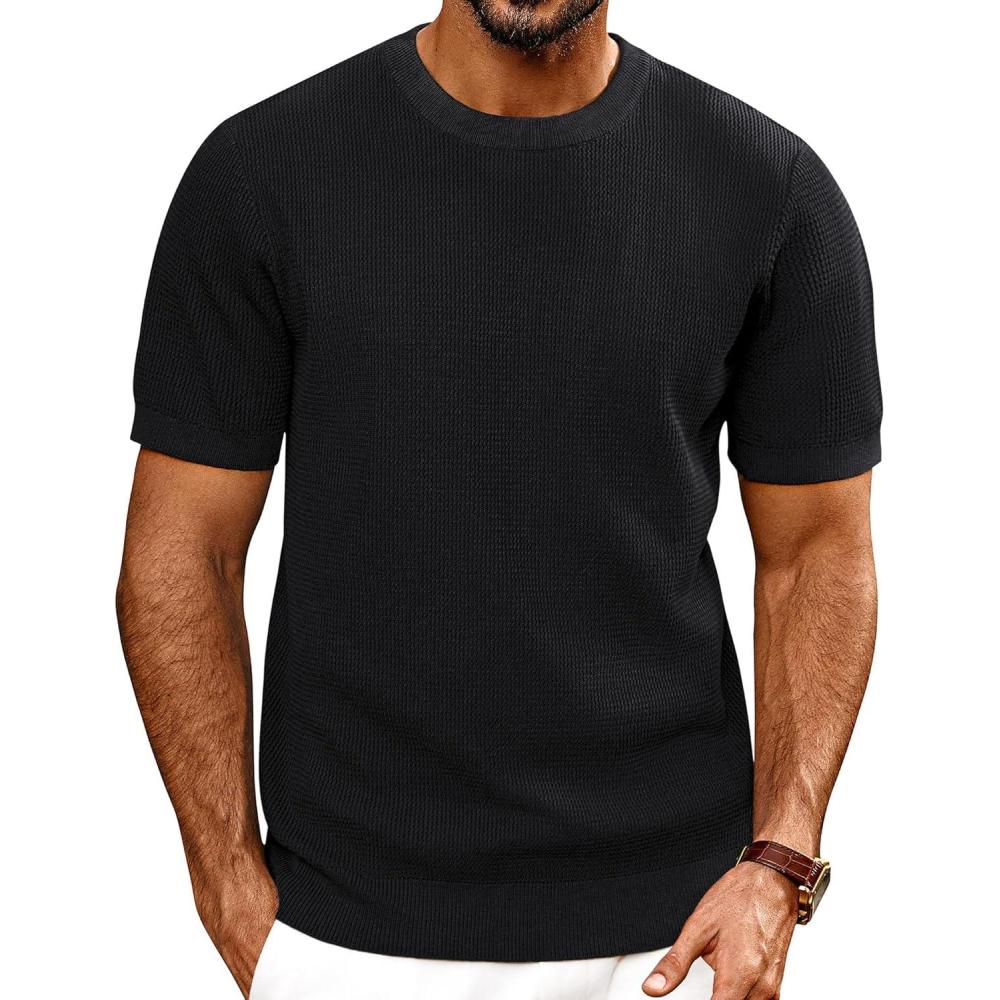 imagePJ PAUL JONES Mens TShirts Knit Short Sleeve Crewneck Shirt Casual Textured Pullover TeesBlack