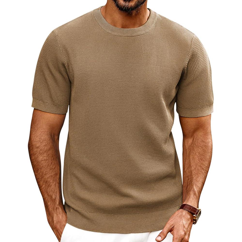 imagePJ PAUL JONES Mens TShirts Knit Short Sleeve Crewneck Shirt Casual Textured Pullover TeesCamel