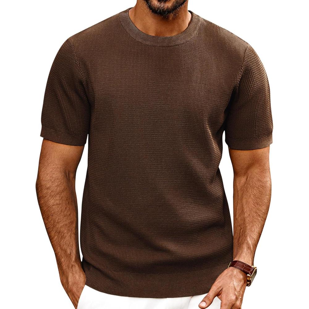 imagePJ PAUL JONES Mens TShirts Knit Short Sleeve Crewneck Shirt Casual Textured Pullover TeesCoffee