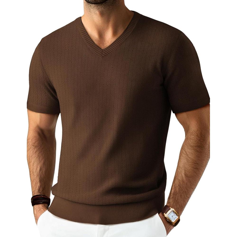 imagePJ PAUL JONES Mens TShirts Modern Fit V Neck Knit Shirts Textured Herringbone KnitwearCoffee