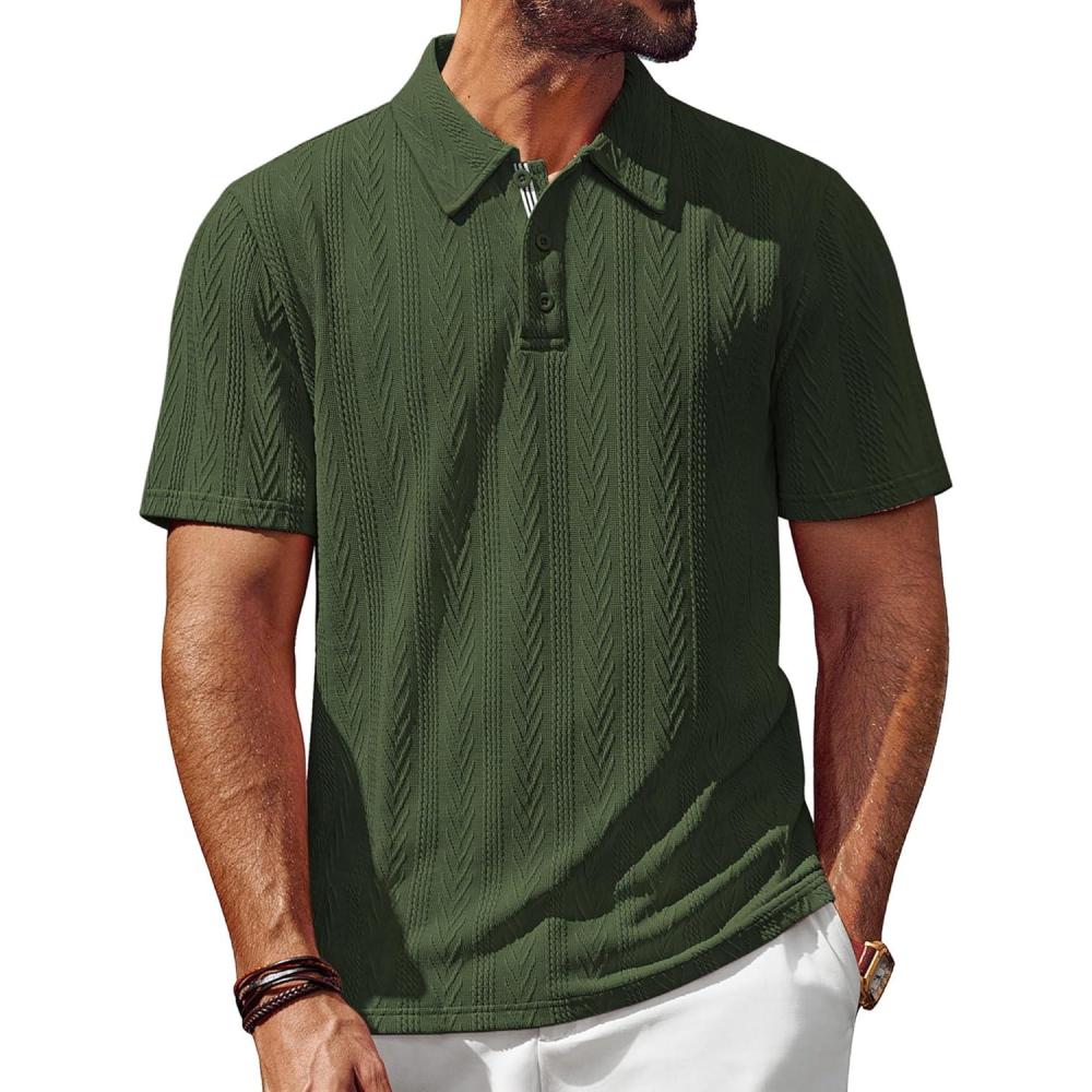 imagePJ PAUL JONES Mens Textured Knit Polo Shirt Short Sleeve Regular Fit Stretch Collared Summer ShirtsArmy Green