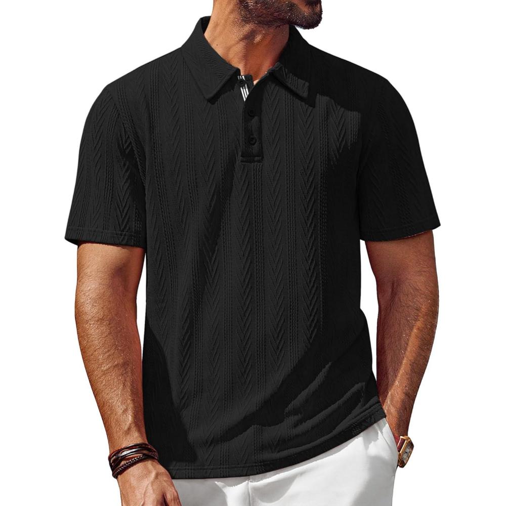 imagePJ PAUL JONES Mens Textured Knit Polo Shirt Short Sleeve Regular Fit Stretch Collared Summer ShirtsBlack