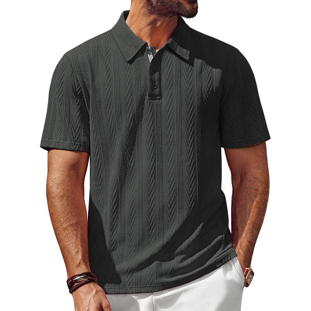 imagePJ PAUL JONES Mens Textured Knit Polo Shirt Short Sleeve Regular Fit Stretch Collared Summer ShirtsDark Gray