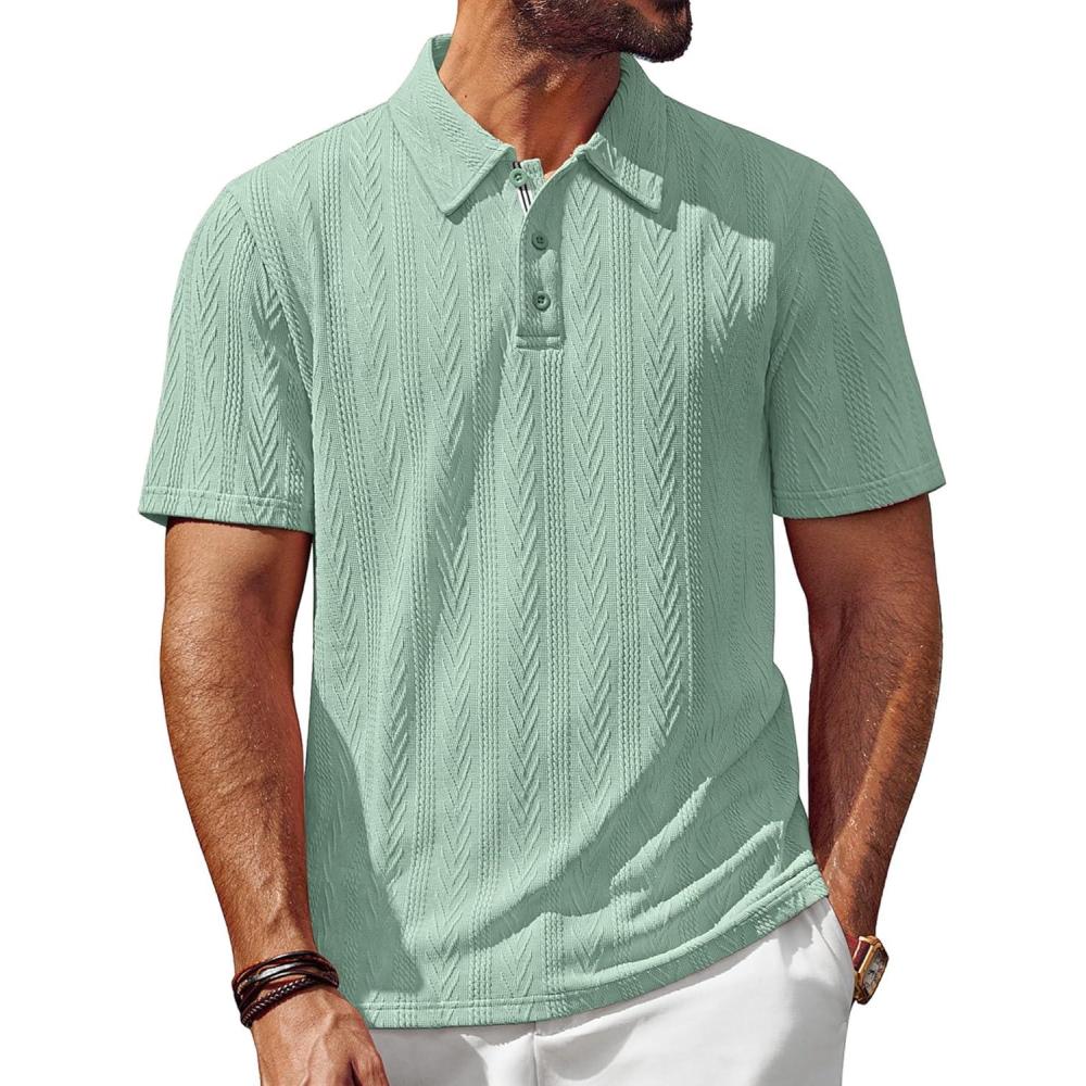 imagePJ PAUL JONES Mens Textured Knit Polo Shirt Short Sleeve Regular Fit Stretch Collared Summer ShirtsLight Mint Green