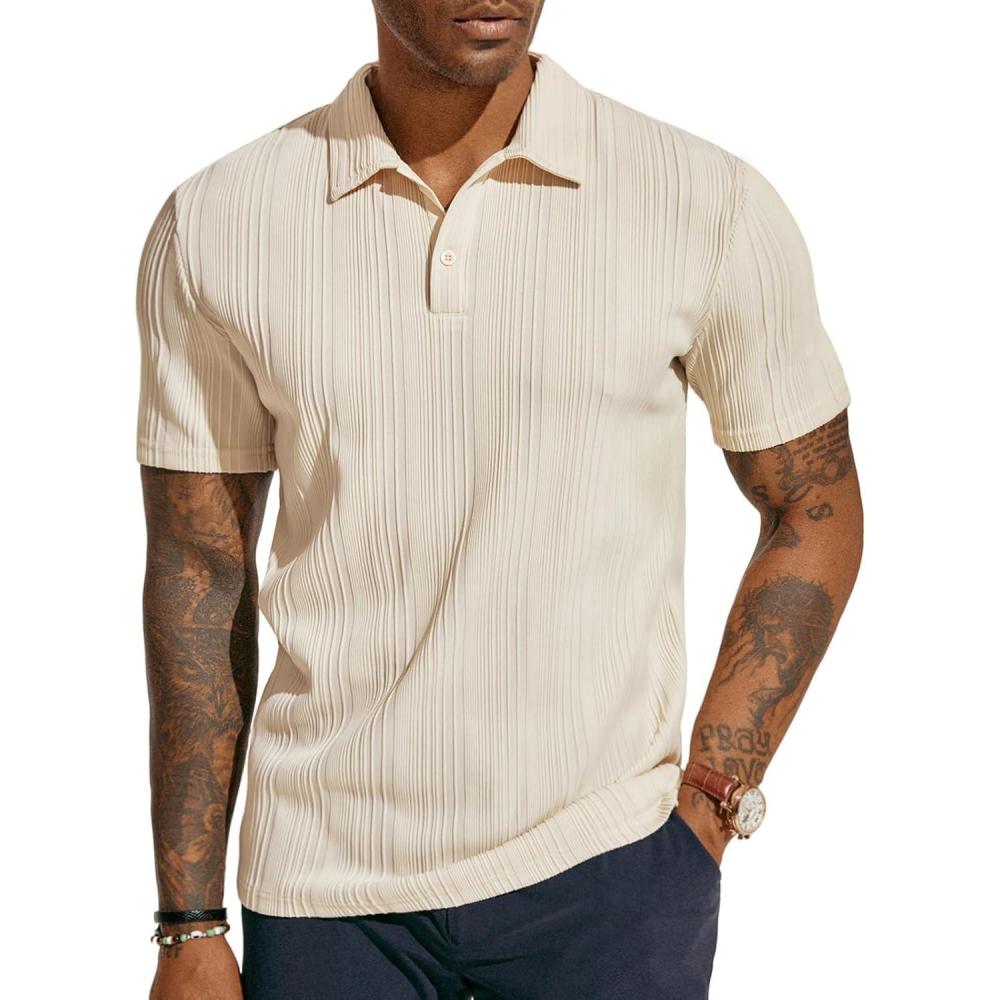 imagePJ PAUL JONES Mens Textured Knit Polo Shirts Regular Fit Stretchy Golf ShirtsBeige