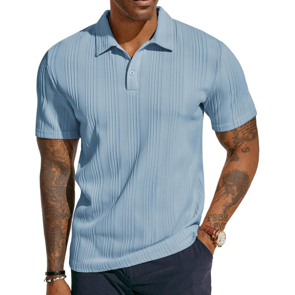 imagePJ PAUL JONES Mens Textured Knit Polo Shirts Regular Fit Stretchy Golf ShirtsBlue