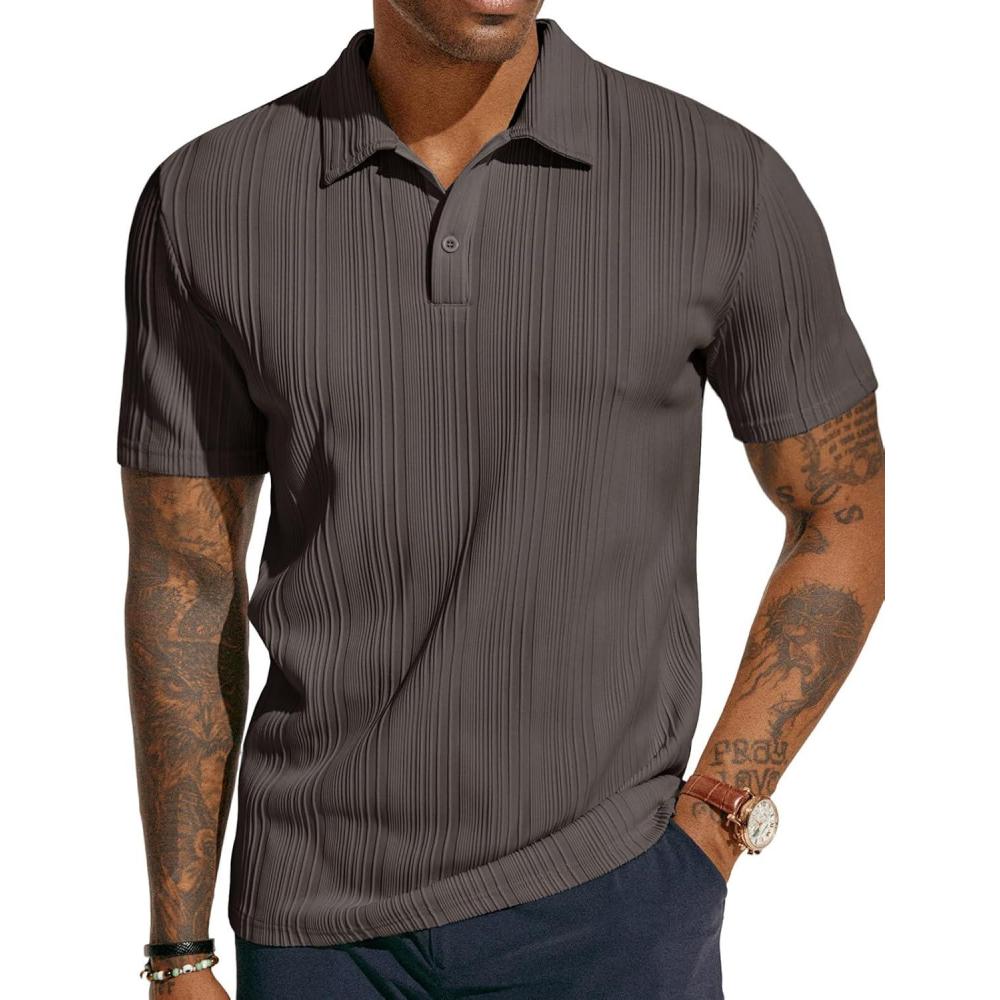 imagePJ PAUL JONES Mens Textured Knit Polo Shirts Regular Fit Stretchy Golf ShirtsBrown
