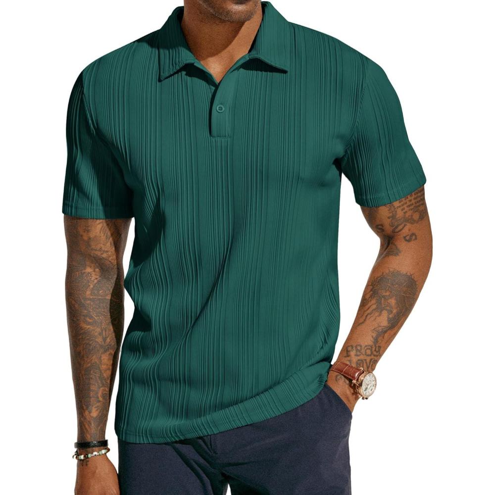 imagePJ PAUL JONES Mens Textured Knit Polo Shirts Regular Fit Stretchy Golf ShirtsDark Green