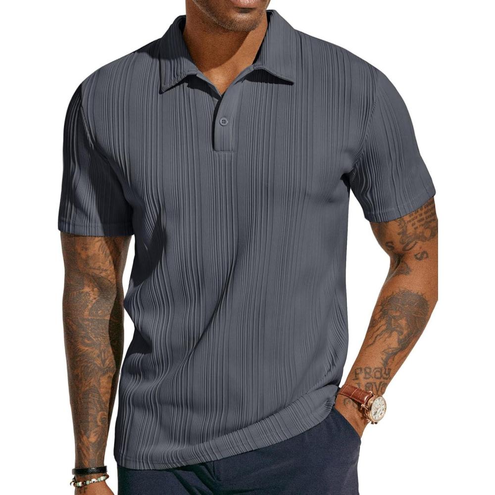 imagePJ PAUL JONES Mens Textured Knit Polo Shirts Regular Fit Stretchy Golf ShirtsDark Grey