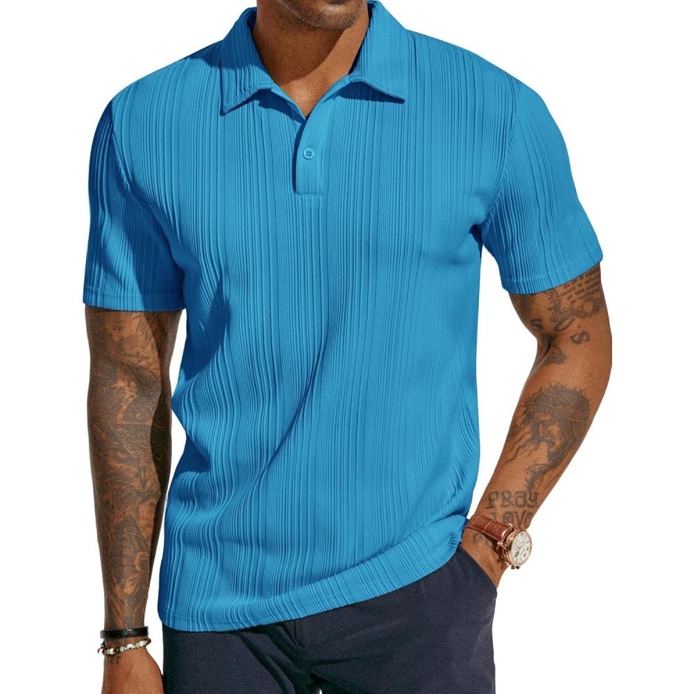 imagePJ PAUL JONES Mens Textured Knit Polo Shirts Regular Fit Stretchy Golf ShirtsDenim Blue