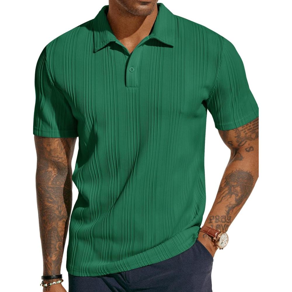 imagePJ PAUL JONES Mens Textured Knit Polo Shirts Regular Fit Stretchy Golf ShirtsGreen