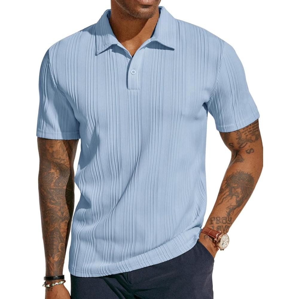 imagePJ PAUL JONES Mens Textured Knit Polo Shirts Regular Fit Stretchy Golf ShirtsLight Blue