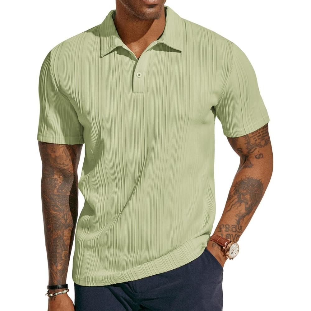 imagePJ PAUL JONES Mens Textured Knit Polo Shirts Regular Fit Stretchy Golf ShirtsLight Green